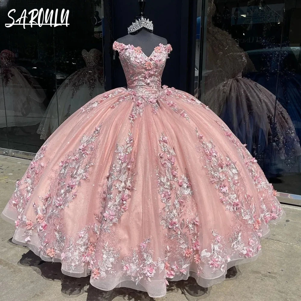 

Розовое платье Quinceanera с 3D цветочной аппликацией 2024, элегантное бальное платье, халат невесты, милые свадебные платья с блестками, Vestidos De Novia