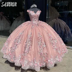 Pink 3D Floral Appliques 2024 Quinceanera Dress Elegant Ball Gown Bride Robe Sweet Sequins Bridal Dresses Vestidos De Novia