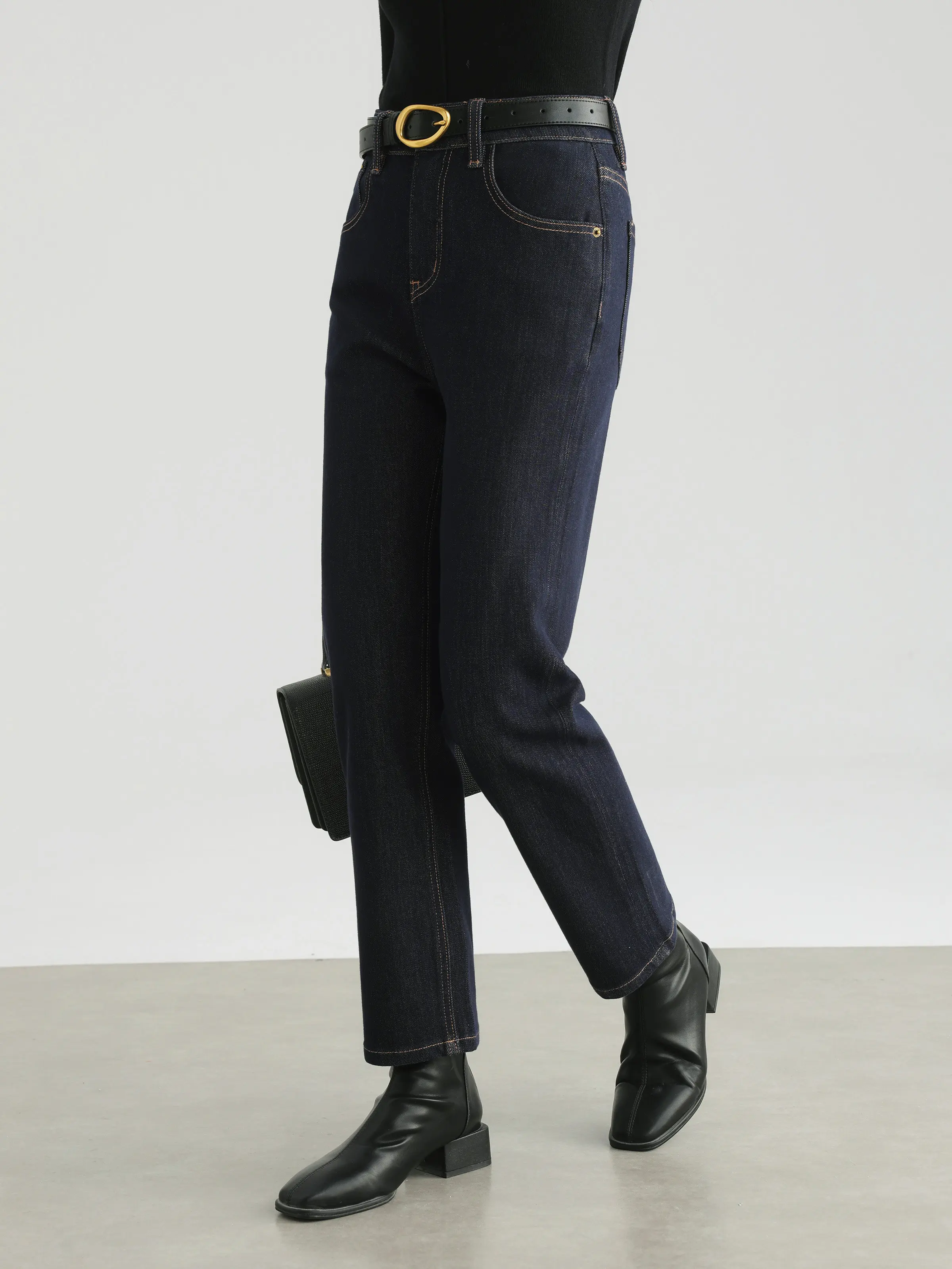 Vintage High Waist Straight Denim Pants Women Retro Stitching Elastic Casual Cropped Jeans Chic Daily Spring Style Lady Outfit