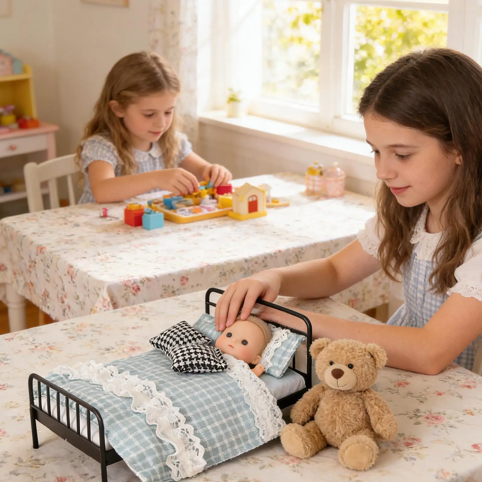 1:12 Scale Vintage Mattress Model Wrought Iron Frame Small Doll Bed Set  for Kids Boys Girls Teens Pretend Play Indoor Display