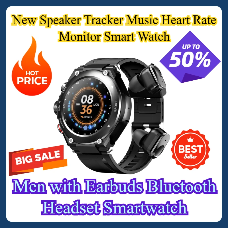 

New Speaker Tracker Music Heart Rate Monitor Smart Watch Men with Earbuds Bluetooth Headset Smartwatch