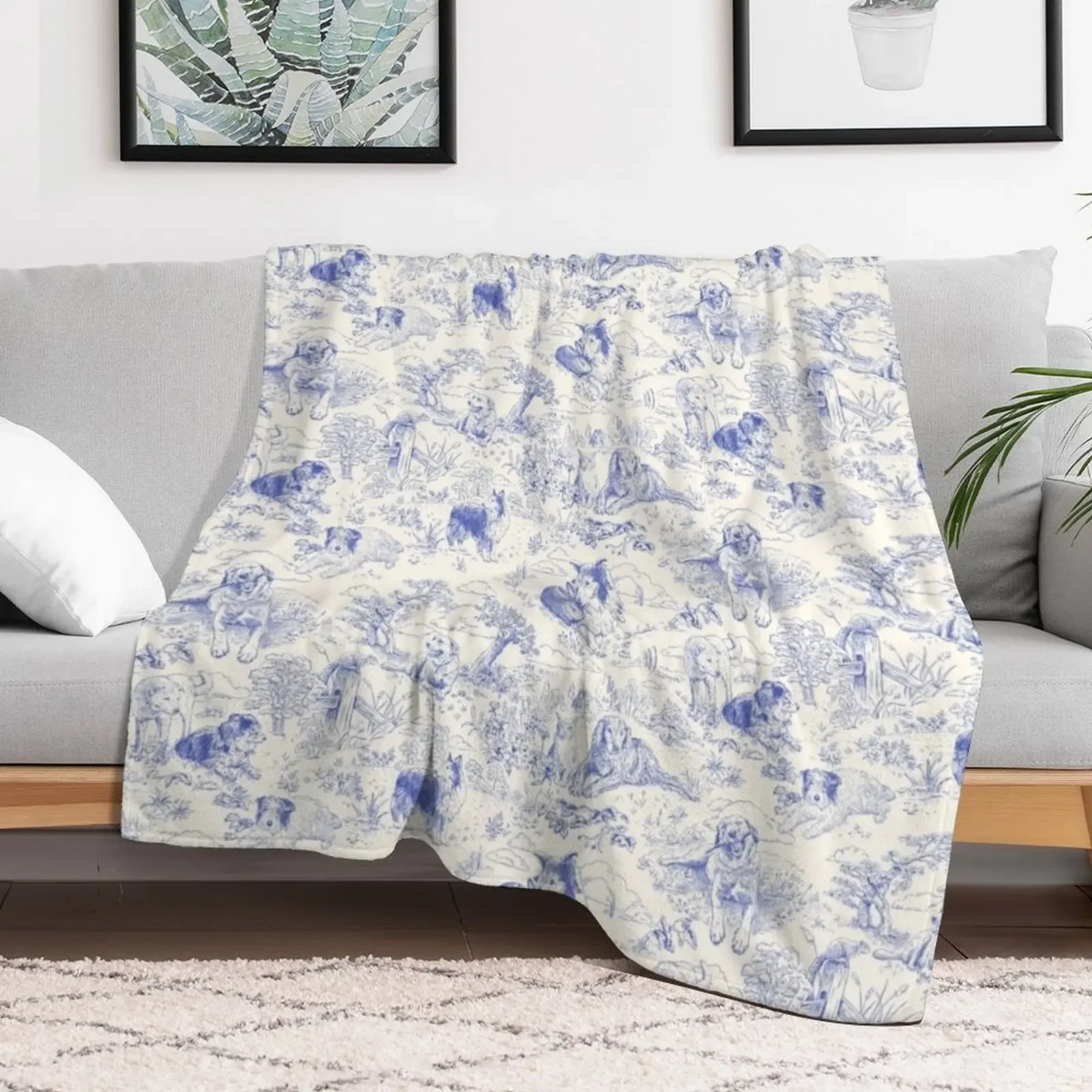 Country Dogs Toile with Collie, Aussie and Jack Russell Terrier in Blue and White Throw Blanket manga Vintage Blankets