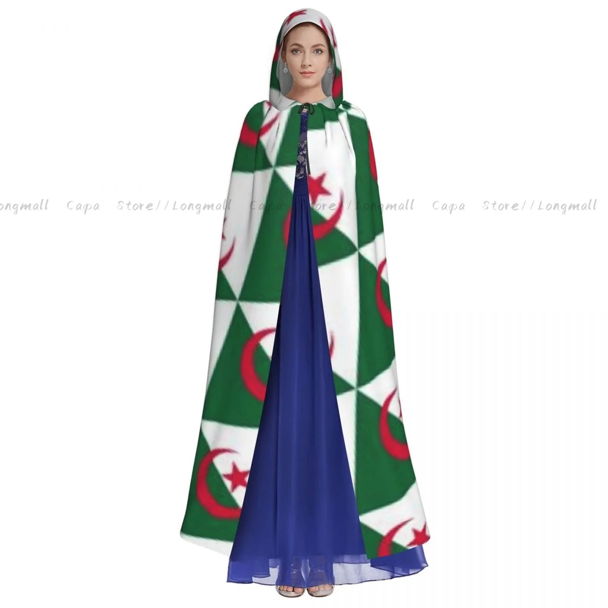 Adult Halloween Geometric Flag Of Algeria Cloak Cape Hooded Medieval Costume Full Length Dress Coat