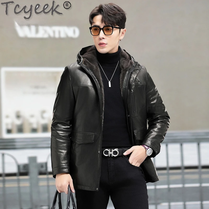 

Tcyeek Natural Goatskin Coat Men Fashion Real Fur Jacket Mid-length Hooded Coats Warm Mink Fur Liner Jackets Man Clothes Winter