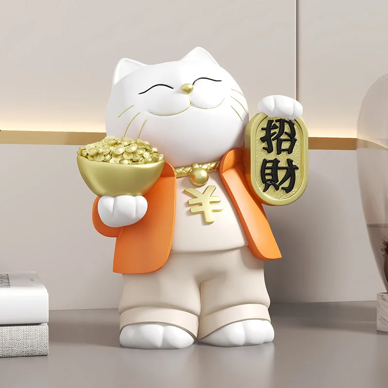 Maneki-neko Ornament for Living Room Home Decor with Ingot, Premium Housewarming Gift & Grand Opening Present for New Stores
