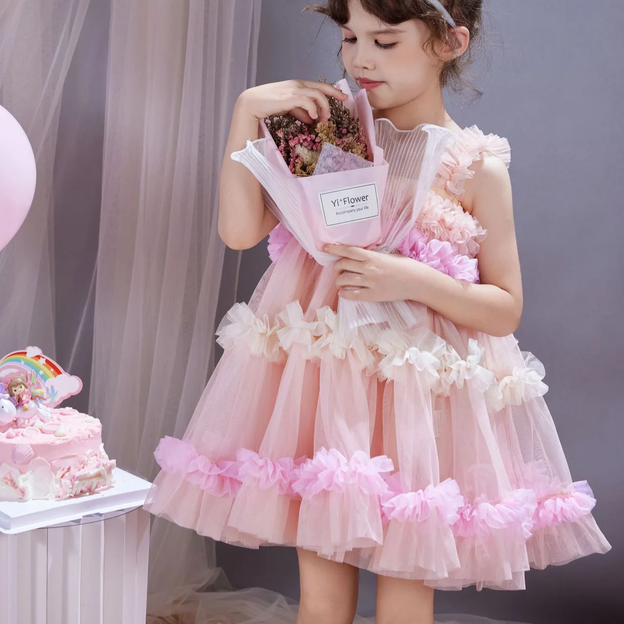 Girls Dress Birthday Princess Rainbow Pink Suspender Gauze High-end Women's Treasure Foreign Style Lace Dress