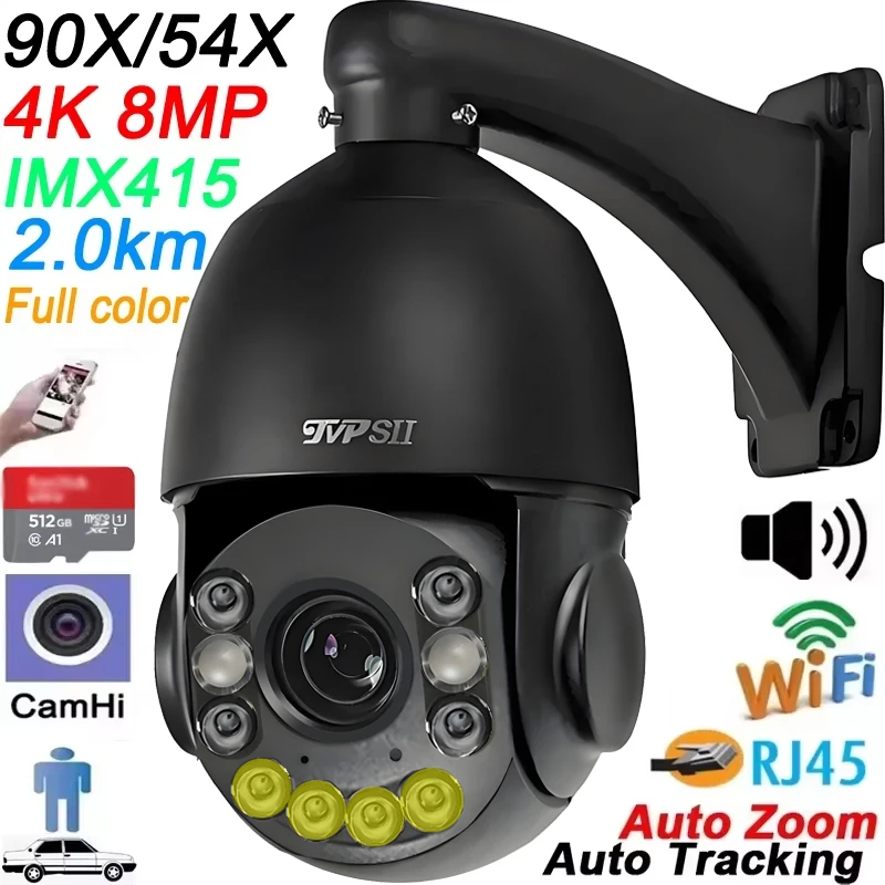 Metal Full Color Auto Tracking CamHi 8MP 4K 90X 54X Optical Zoom Audio 360° 2.4GHz 5.0GHz WIFI RJ45 PTZ Speed Dome IP Camera