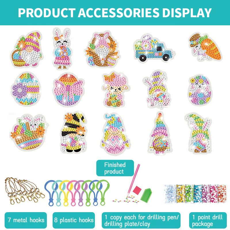 New 15 piece diamond painting handicraft set for children\'s handmade DIY mermaid animal keychain as a gift for children\'s