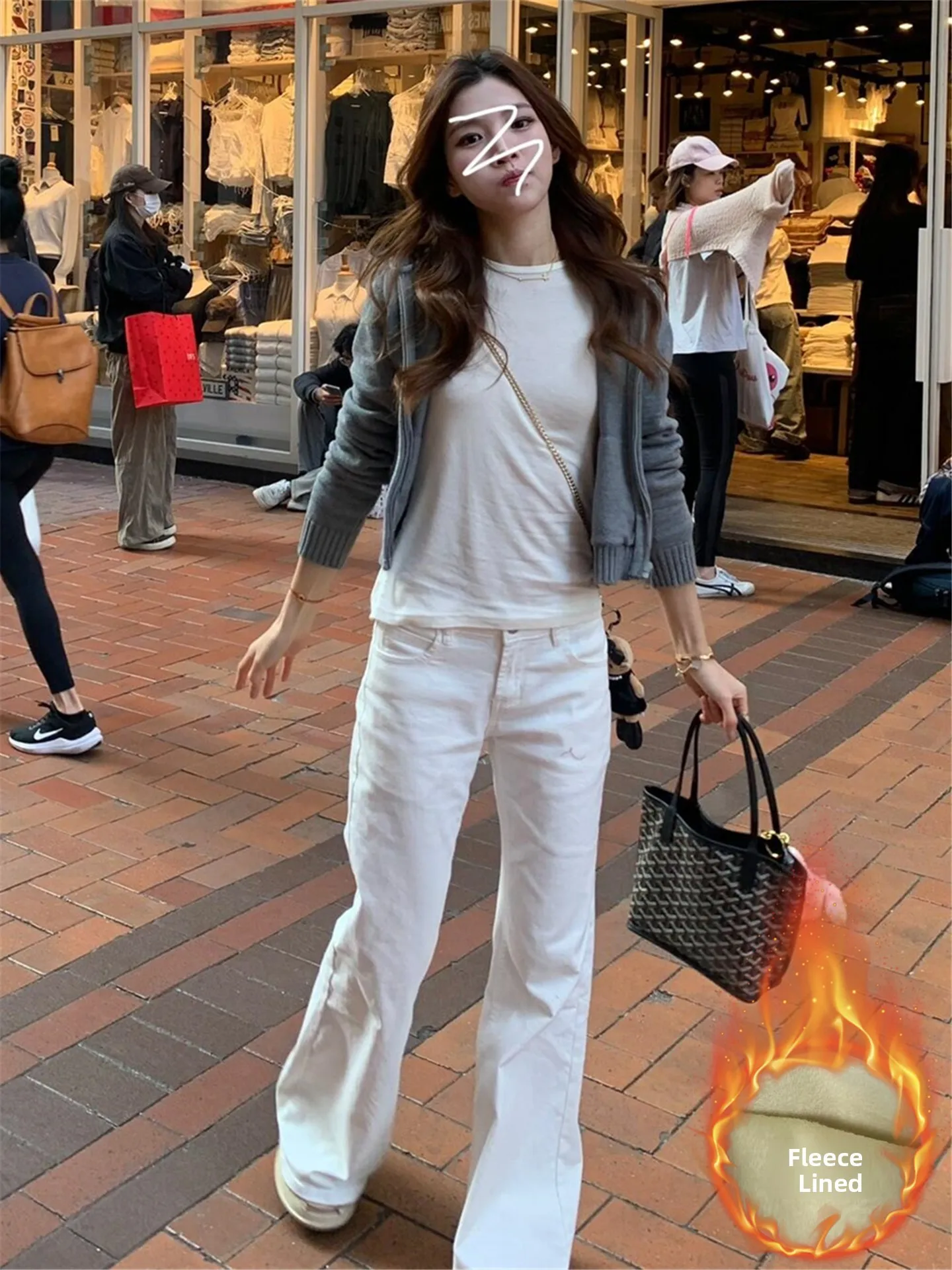 

American Style Streetwear Flared Jeans Women's Autumn Winter Thickened Fleece Low Waist Slimming Long Floor-Length Pants
