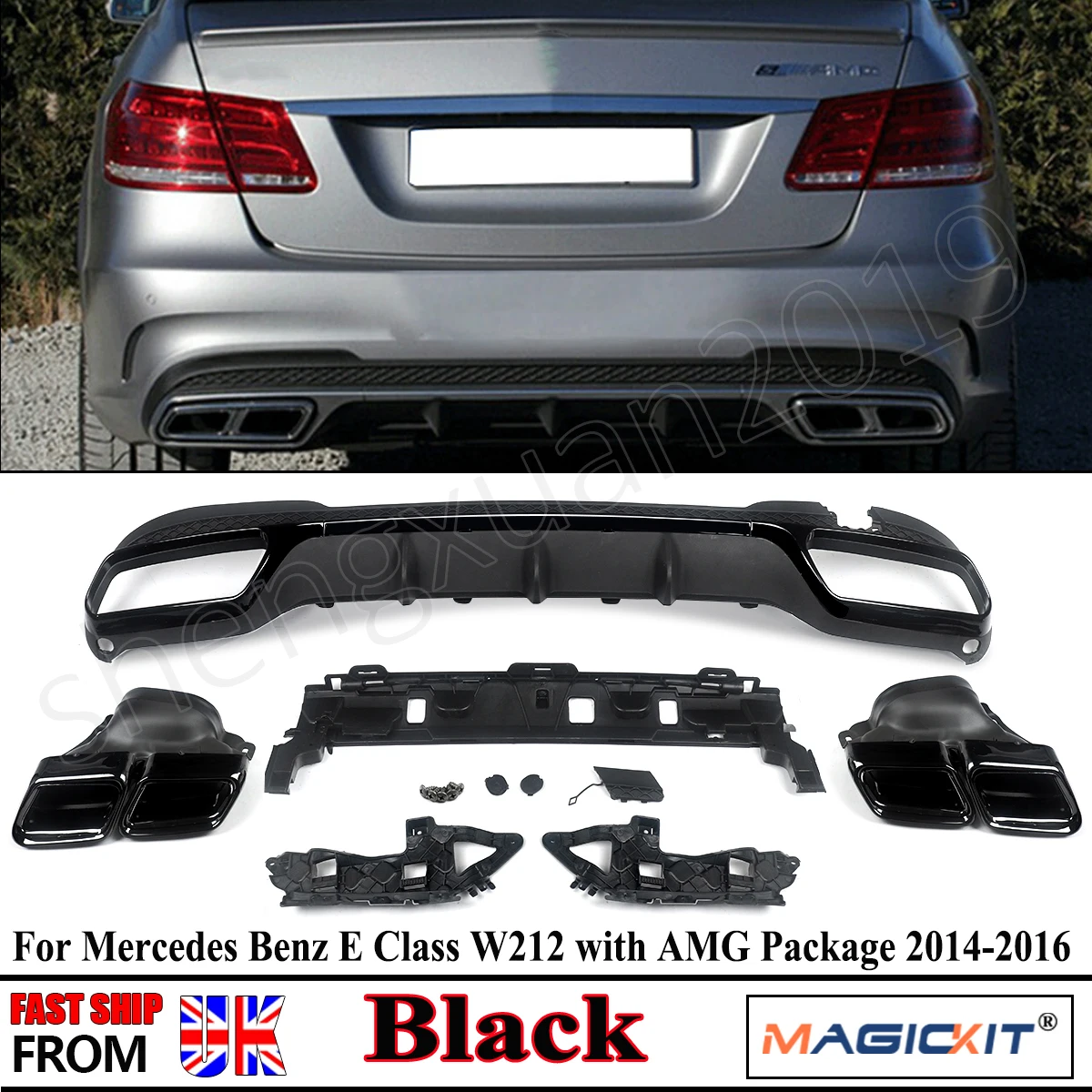 E63 Look for Mercedes-Benz W212 Sedan E63 2014 2015 E63 E200 E250 E300 E350 E400 E500 E550 Rear Bumper Diffuser+ Tailpipes view 2