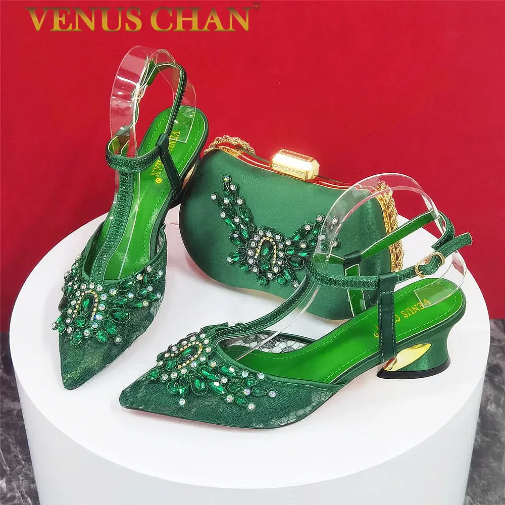 

Venus Chan Newest Green Color Pumps High Heels Decorated With Rhinestone Flower Italian Design Party Women's Shoes and Bags Set