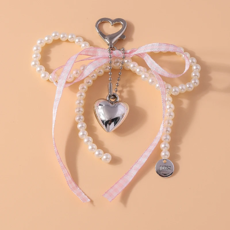 

Fashion Handmade Pearl Bowknot Keychain Metal Love Heart Pendant Keyrings for Women Men Car Key Handbag Key Chains DIY Gifts