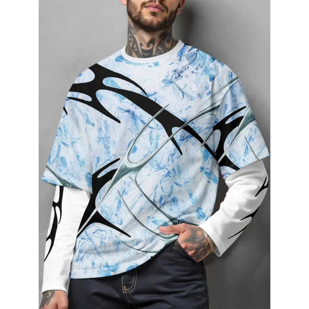 

Summer New American Retro Y2K Fake Two-piece Checkered Splicing Long Sleeved T-shirt Men's Loose and Versatile Casual Top Street