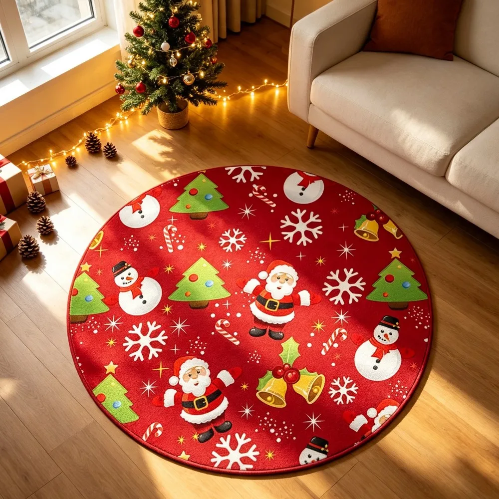 Full Moon Santa Round Area Rug Colorful Light Border Circular Floor Mat Snowy Forest Winter Area Carpet for Mudroom Entry
