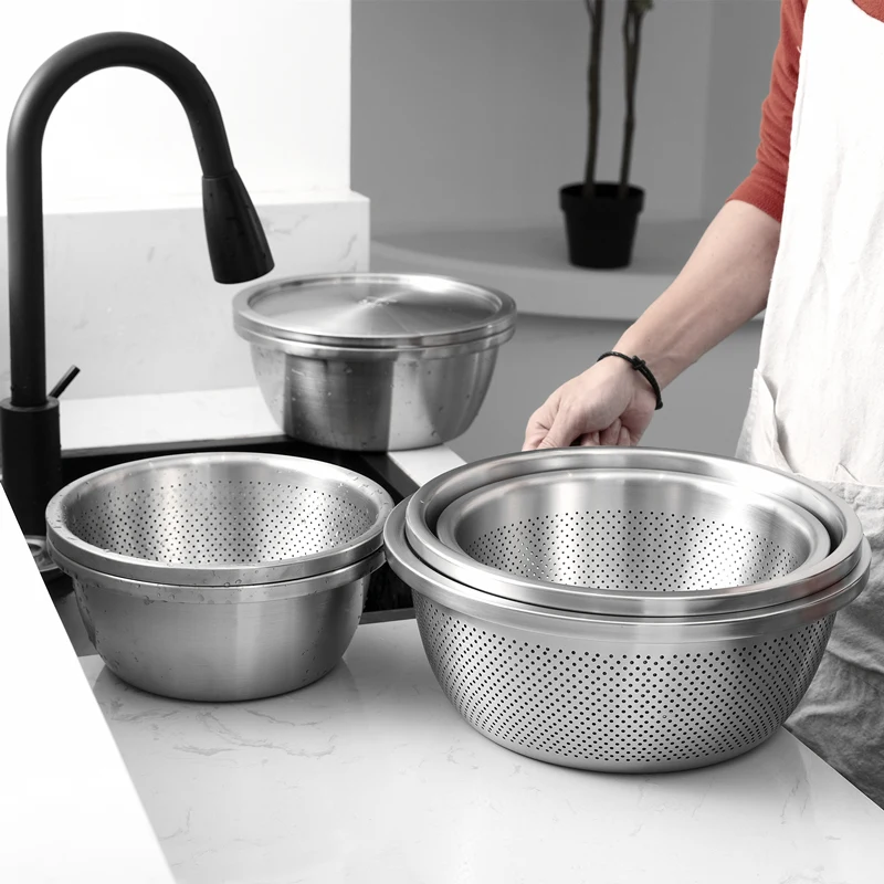 304 stainless steel drain basket vegetable rice washing basin water leakage washing sieve sesame filter net fruit hole bowls