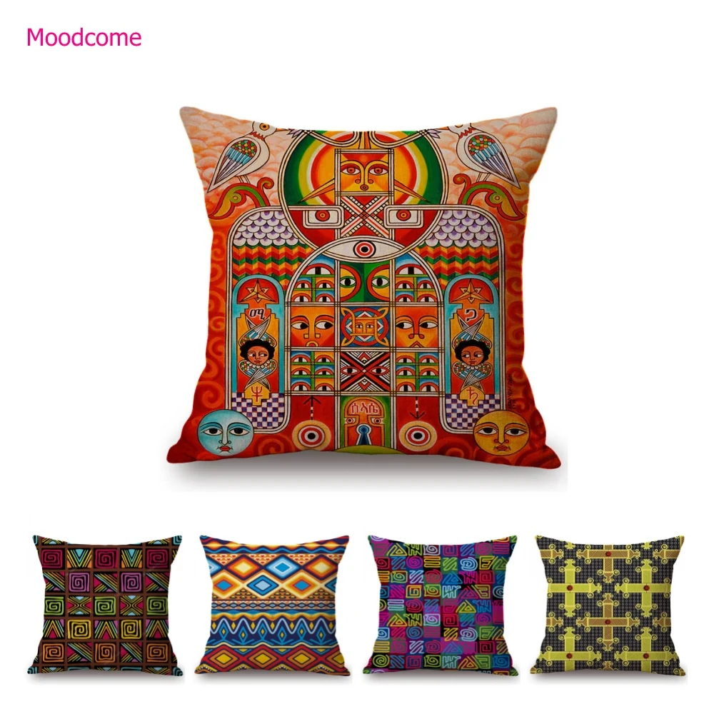 Colorful Ethnic Design Pattern Africa Hieroglyph Totem Symbol Geometric Art Home Decoration Sofa Pillow Case Linen Cushion Cover