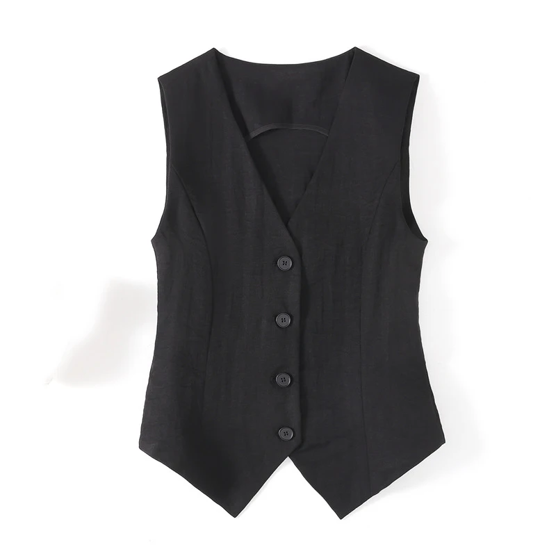 Damska, elegancka, cienka kamizelka bez rękawów w jednolitym kolorze na lato 2025, dopasowana, zapinana na jeden guzik, do pracy, krótki garnitur, kamizelka z dekoltem w serek 009 #