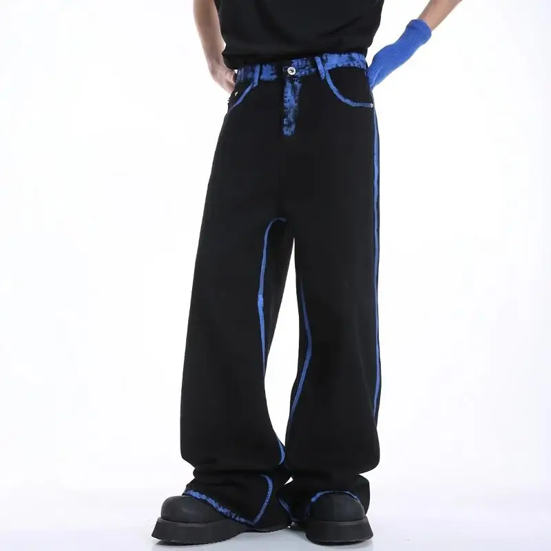 

American High Street fiti Design Wide Leg Men's Jeans High Waist Casual Loose Straight Tube Pants Autumn Winter Youth Fas...