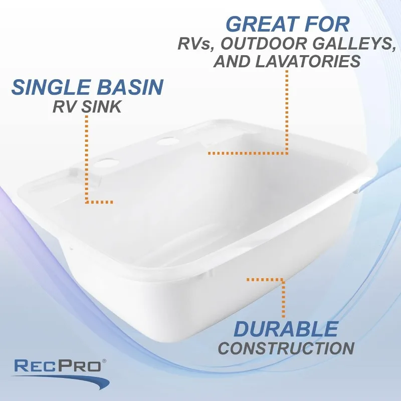Fregadero de baño rectangular RV, lavabo de un solo tazón, lavabo Camper, plástico blanco
