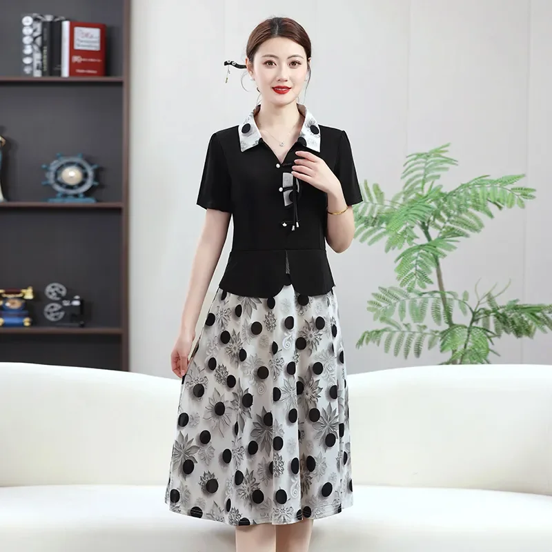 Women Chinese Style Color Block Fake Two Piece Short Sleeve Dress Middle Aged Casual Daily Wear