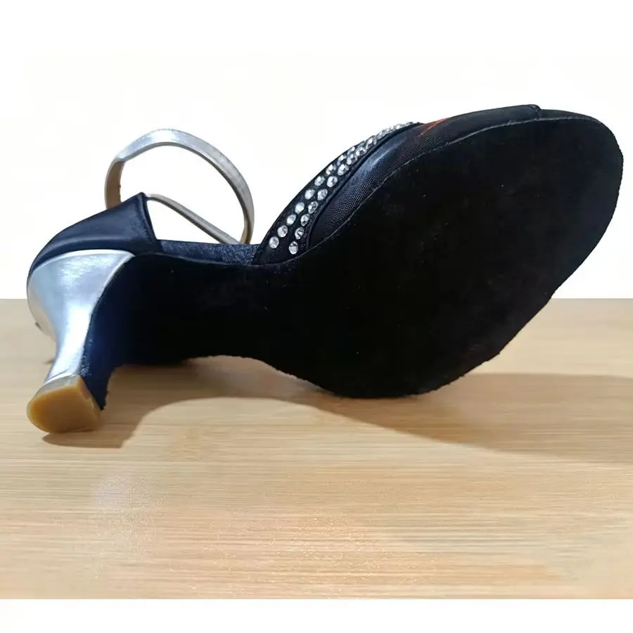 Comfort Fit Women's Latin Dance Shoes Black Silver Satin Rhinestones Performance Ballroom Shoes Professional Ballroom 7cm Heels