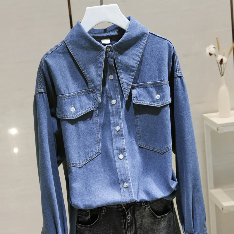 Women's Long-Sleeved Denim Blue Shirts with Pockets, Turn-Down Collar, Casual Coats, All Match Female Outwear, Autumn Tops