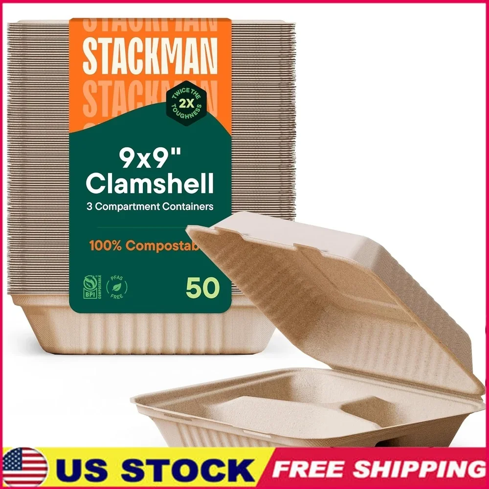 

100% Compostable 3-Compartment Clamshell Containers Disposable Take Out Plates Hot Cold Food Events Restaurants Catering