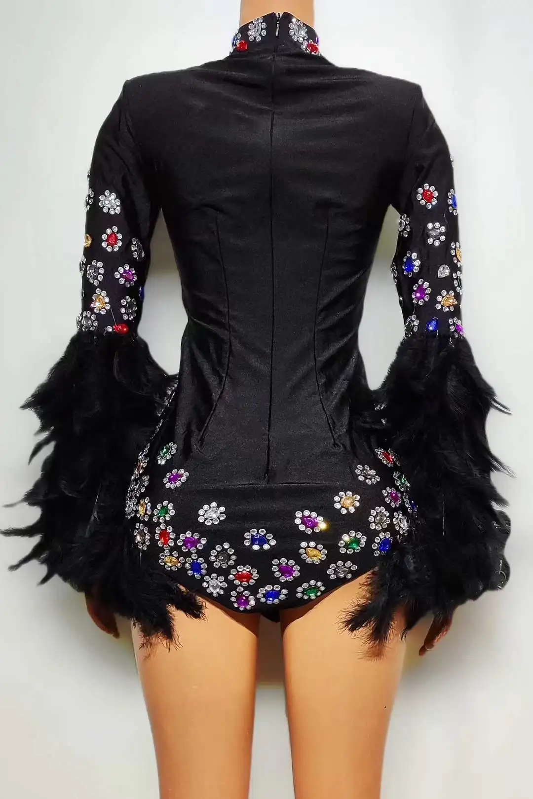 Damskie czarne body z kwiatami, dżetami, piórami, dla piosenkarki, tancerki, na urodziny, imprezę w klubie nocnym, strój królowej, trykoty do świętowania.