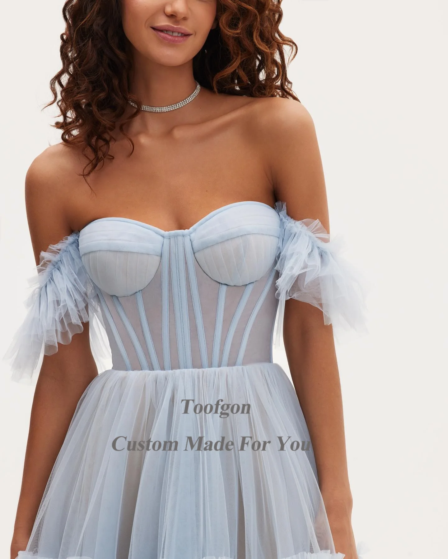 Toofgon céu azul tule midi vestidos de baile para mulheres espartilho roupas especiais festa formal vestidos de baile vestido de noite personalizado