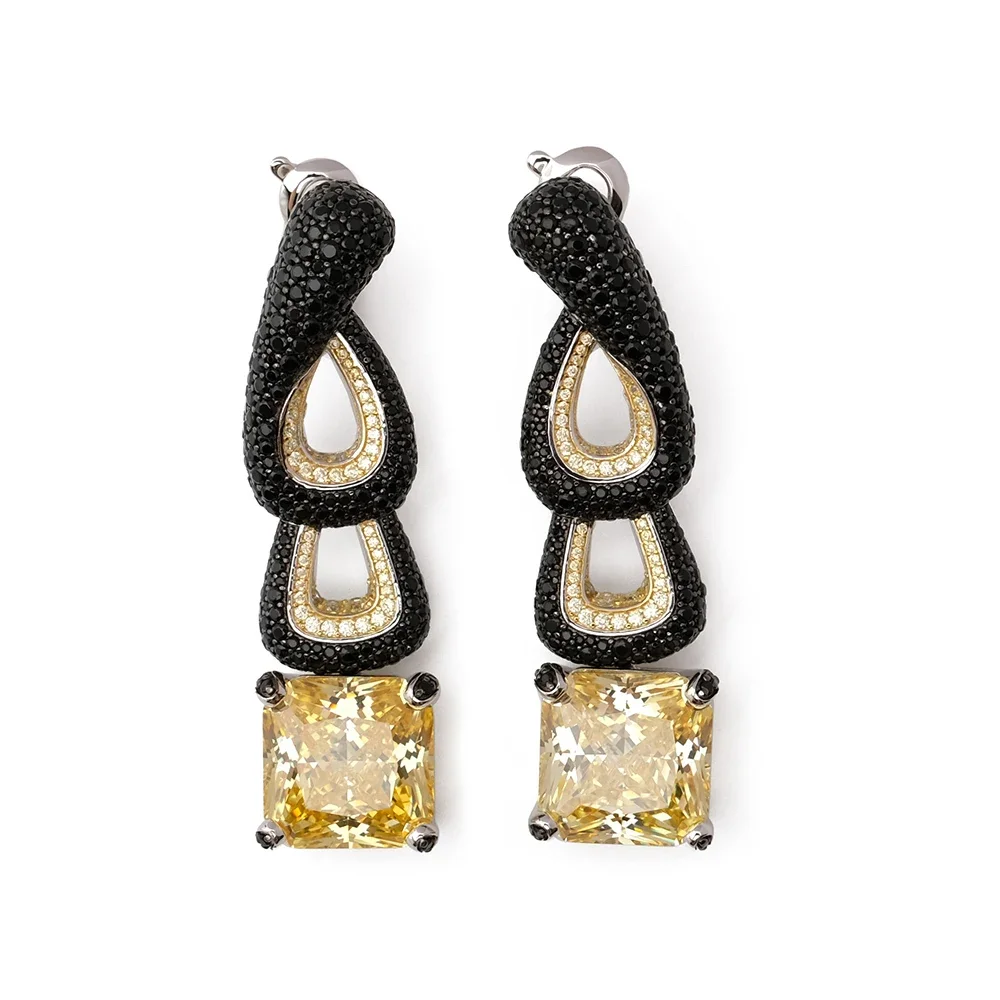 

AB/925 Sterling Silver claw set with black Zircon and yellow square Zircon Luxury banquet earrings for women.