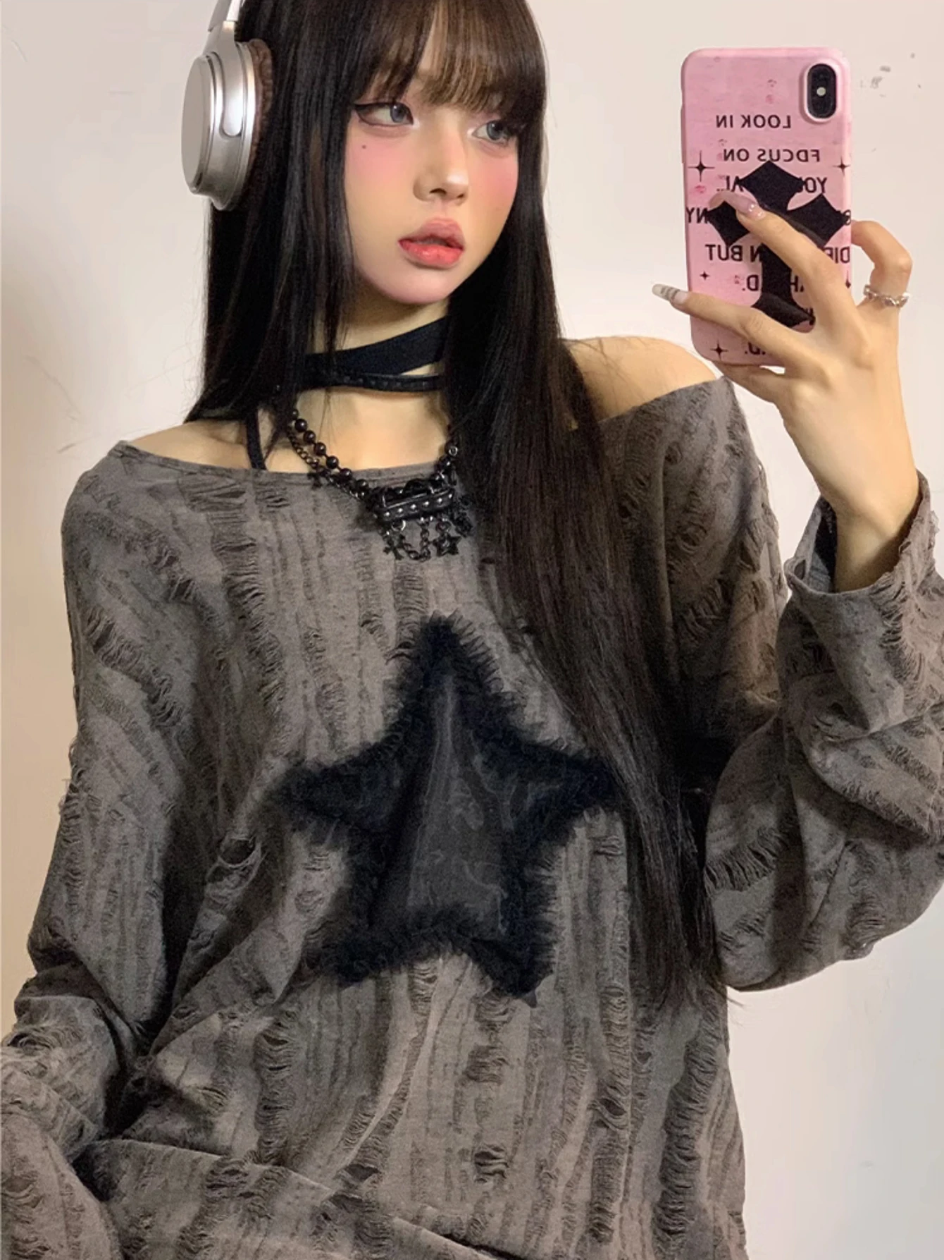 REDDACHiC Acubi Fashion Long Sleeves Y2k Top Halloween Destroyed Stitch Star Drawstring Graphic Tee Shirt Goth Women Pullover