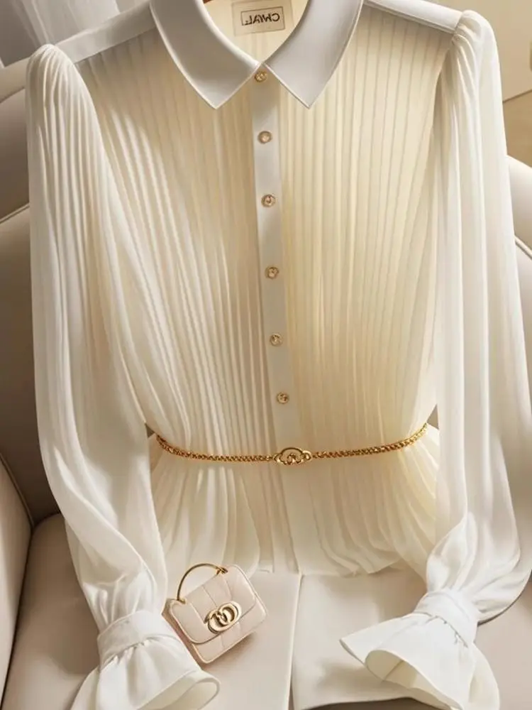 Długi, jednolity kolor, elegancki damski top, piękny, luźny krój w stylu koreańskim, zapinany na guziki, idealny do biura, na wiosnę i jesień.