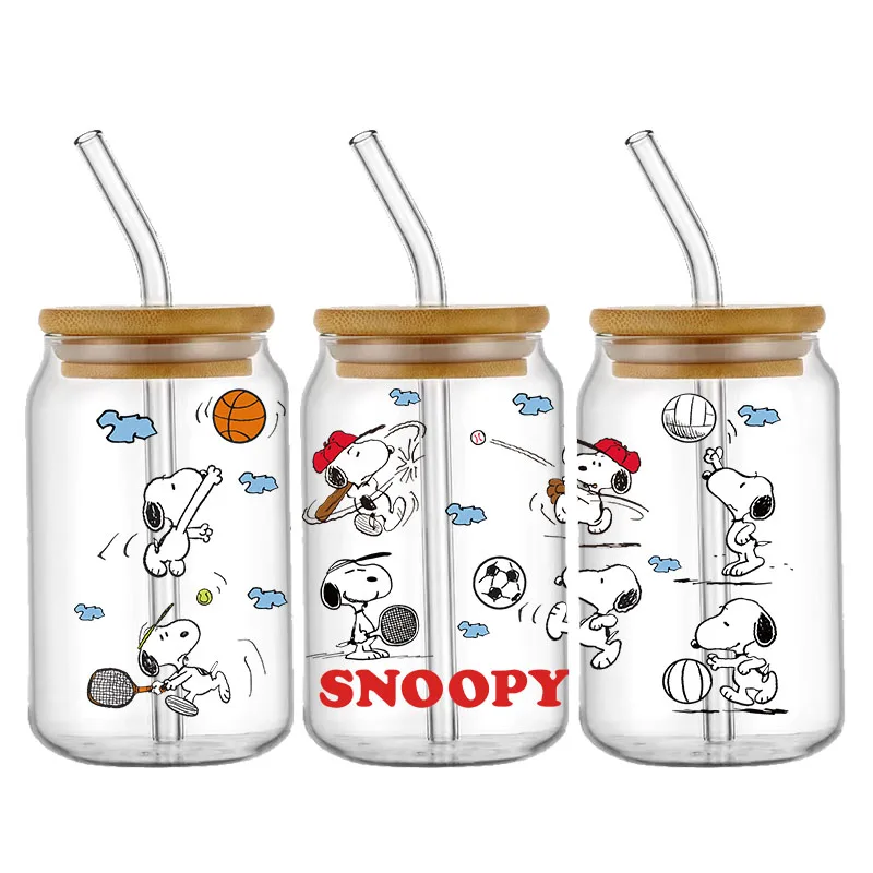Cute Cartoon Snoopy UV DTF Transfer Glass Sticker Waterproof Transfers Decals For 16oz Glass Cup Wrap Stickers