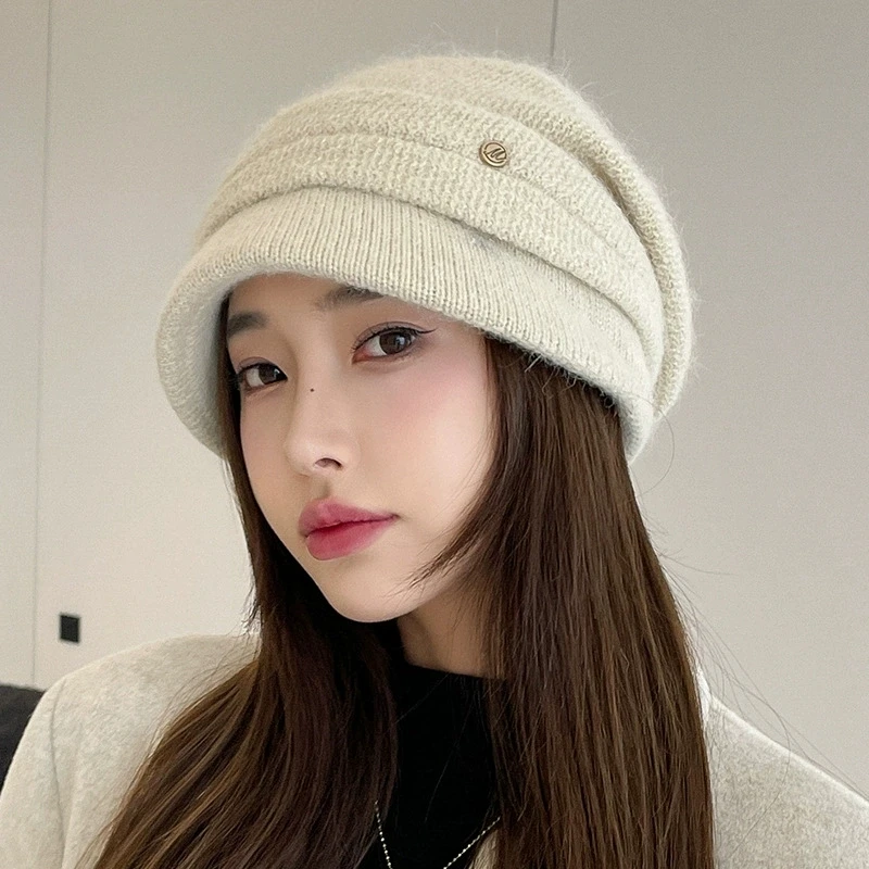 High-end luxury rabbit fur baseball hat for girls and women winter ear protection fleece-lined outdoor warm knitted Beanies