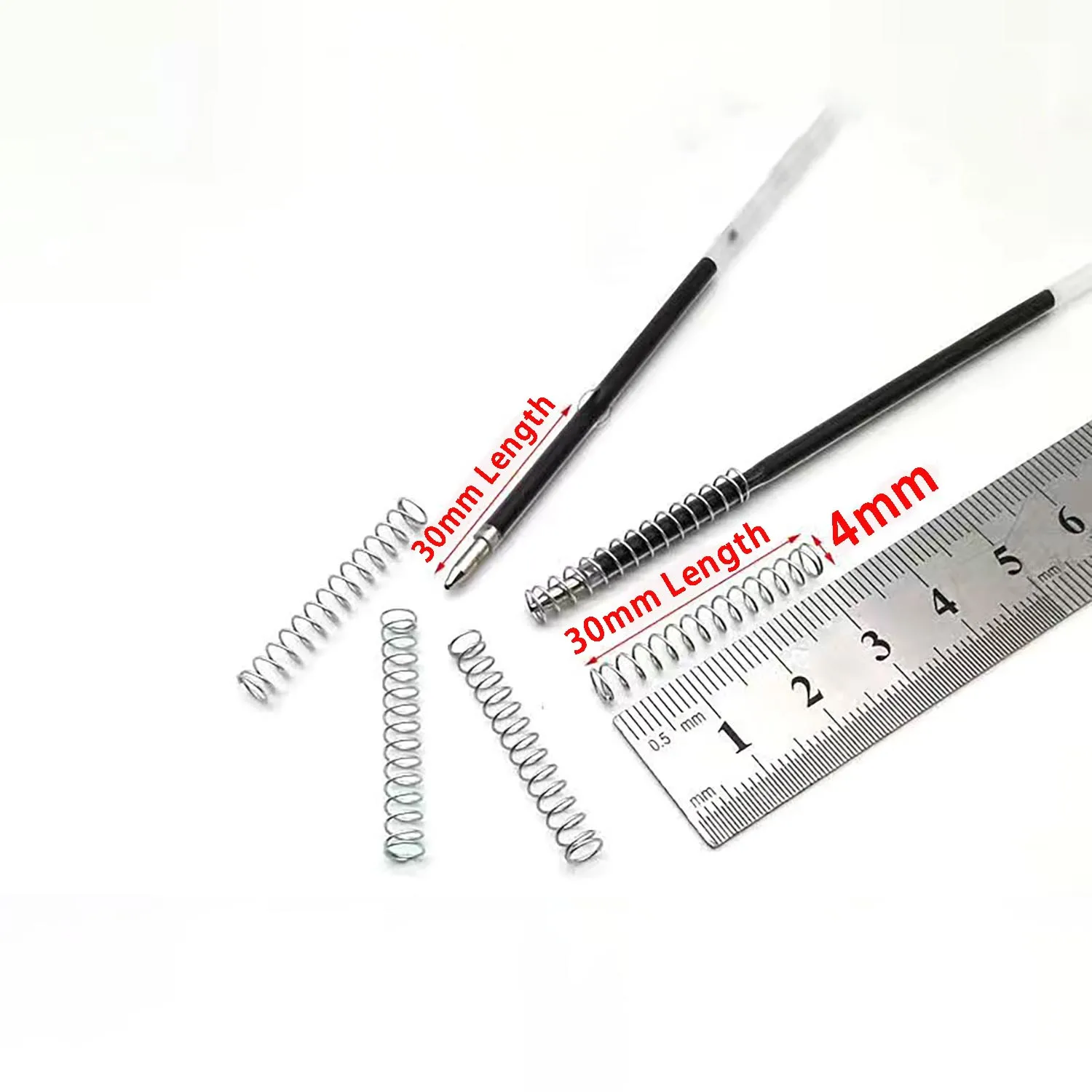 100 Stück Miniatur-Kugelschreiberminen aus verzinktem Stahl, kleine Druckfedern, 0,4 x 4 x 30 mm, für die Reparatur von Schreibinstrumenten – Detail 4