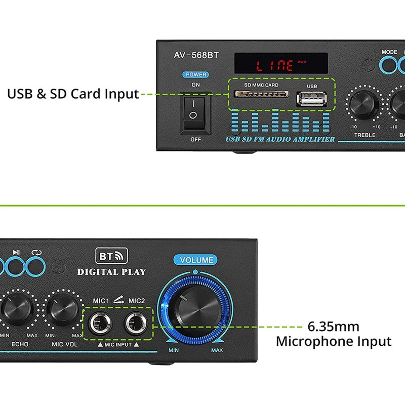 Amplificador estéreo de potencia de audio AV-568BT amplificador Bluetooth 2,0 canales 50W X 2 con 2 entradas RCA lectores USB SD (enchufe de la UE)