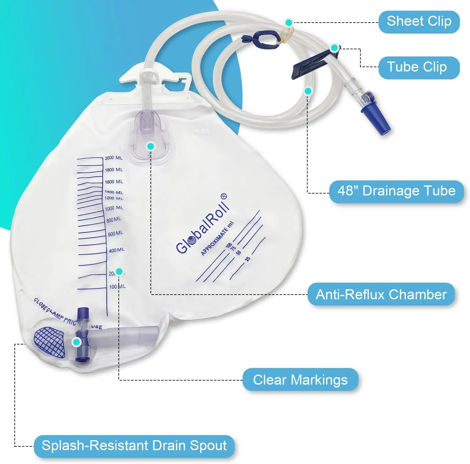 5PCS Urinary Drainage Bag Set with Anti-Reflux Chamber 2000ml Capacity 48' Drainage Tube Includes Clips & Hanging Hook Urine Bag