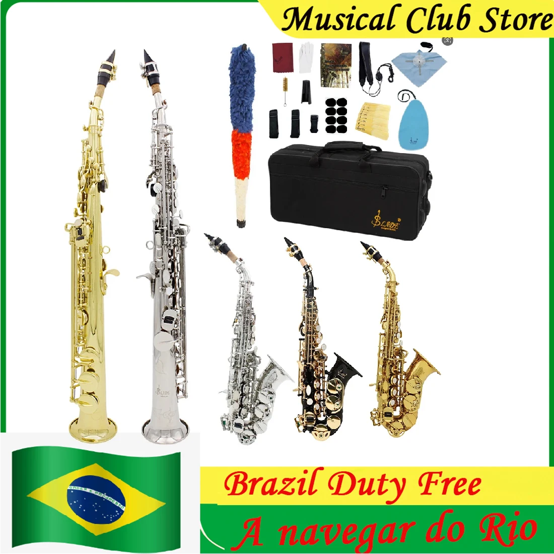 

SLADE Bb Soprano Saxophone Straight Bend Brass Gold Silver Plated B Flat Sax Woodwind Music with Case Reeds Gloves Accessories