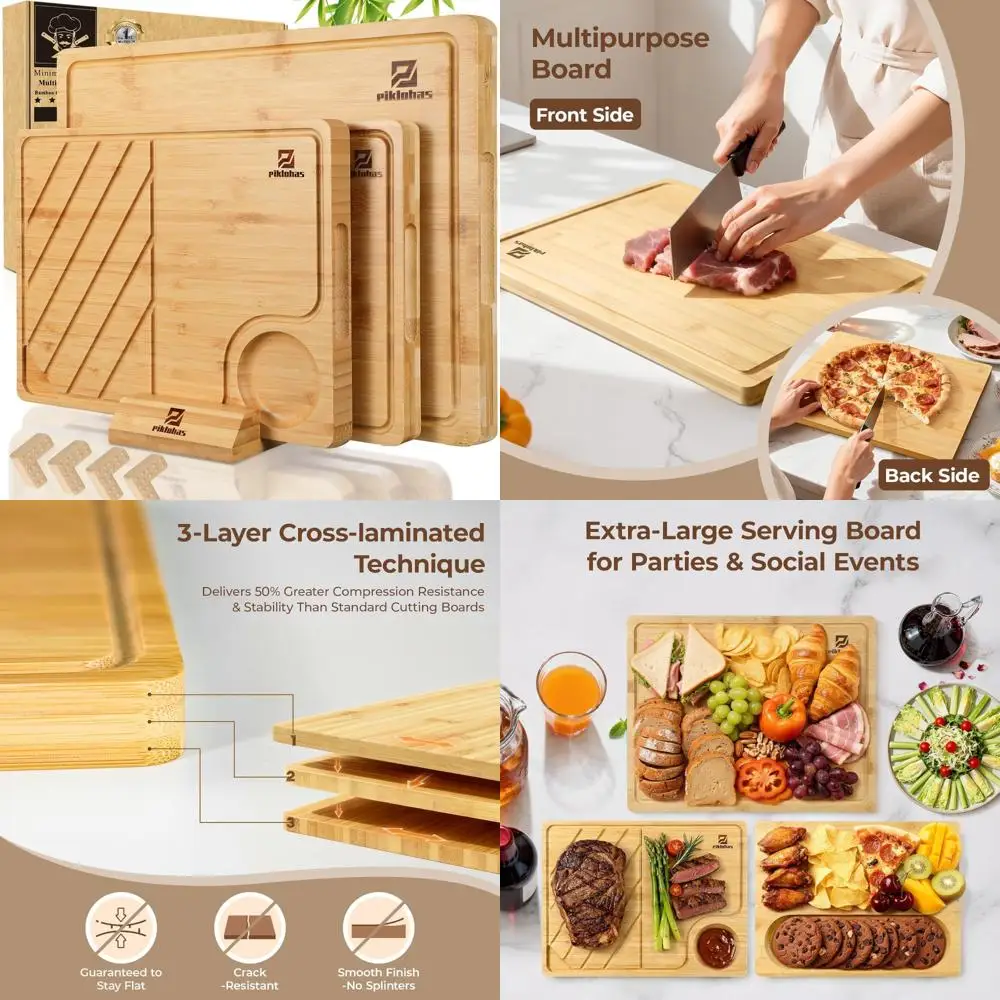 

Kitchen Bamboo Cutting Boards Set of 4 - Charcuterie Chopping Boards with Holder, Non-Slip Surface, Steak Serving Trays