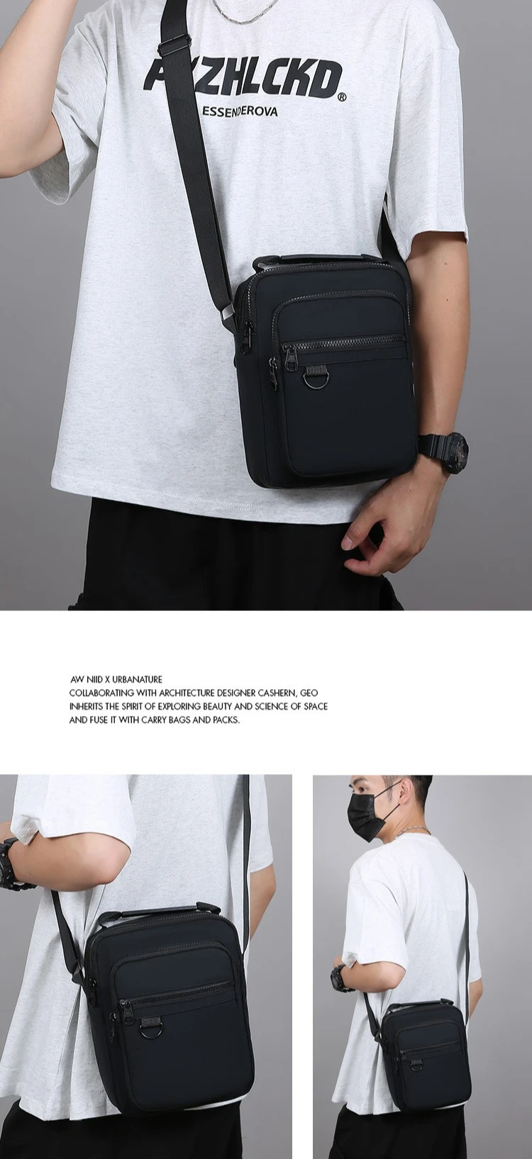 Herren-Umhängetasche, wasserdichte und strapazierfähige Geldbörse, modische Rucksacktasche mit mehreren Reißverschlüssen, Business-Reisetasche. – Detail 12