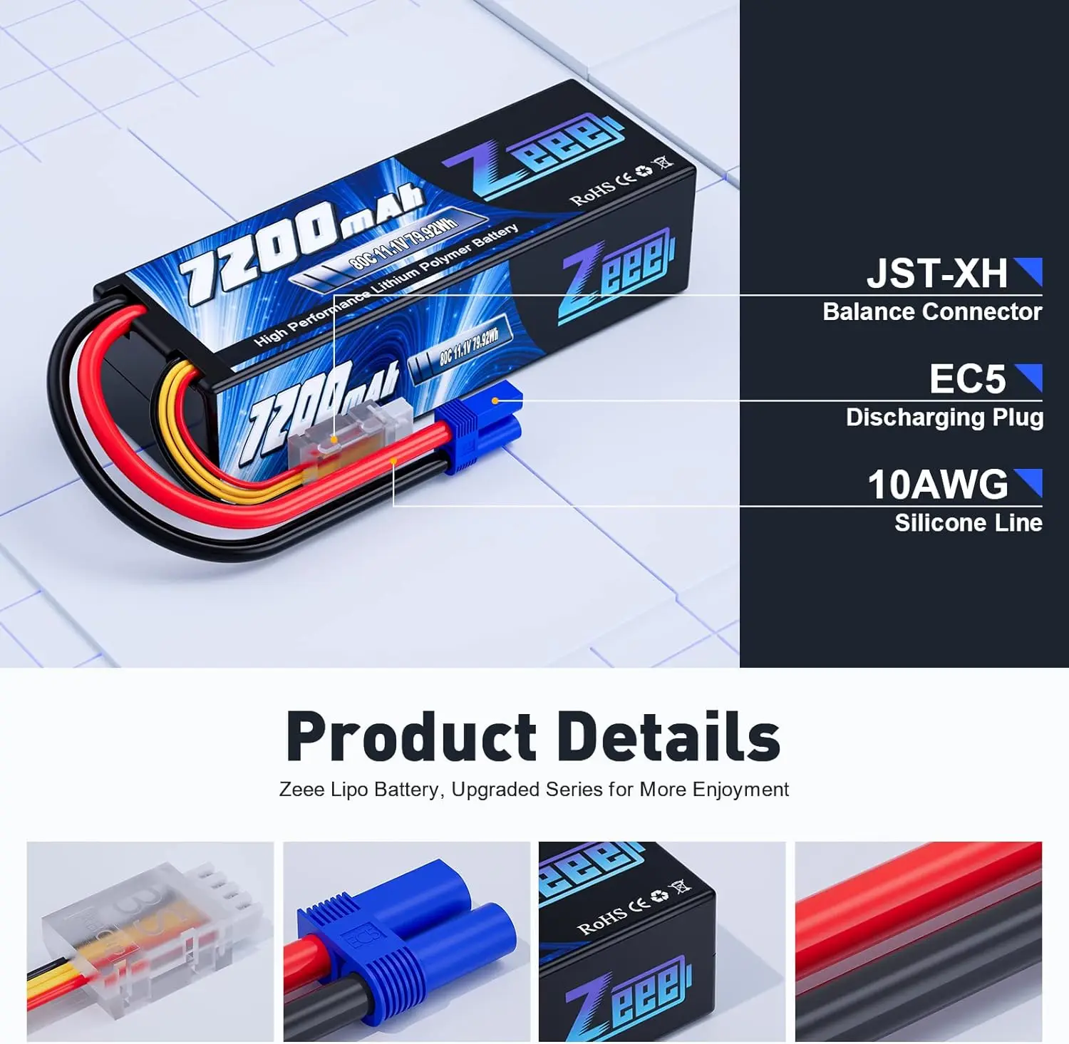 Zeee 3S Lipo Battery 11.1V 80C 7200mAh Hardcase with Deans Plug for RC Car Truck Boat RC Truggy FPV Drones Airplane Buggy Parts