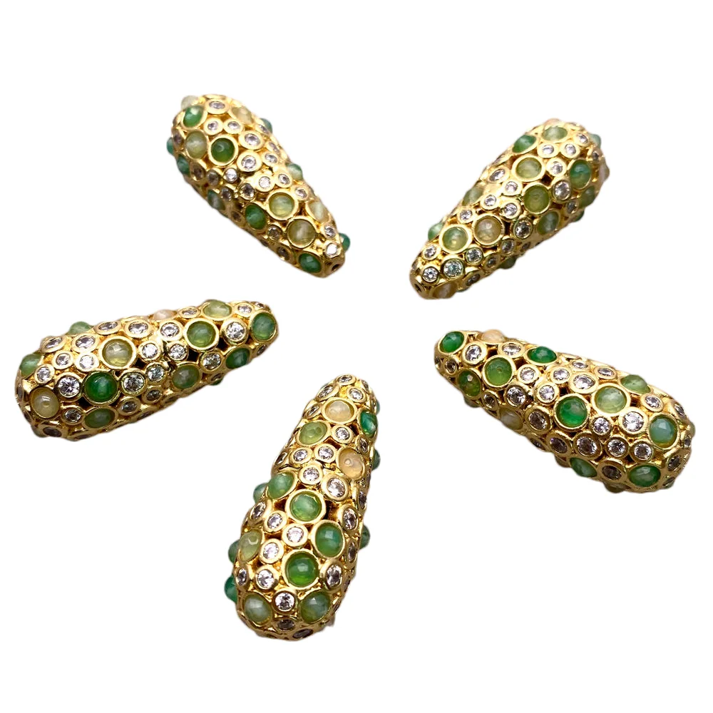 5 Pcs Natural Agate Prehniter Copper Teardrop Shape Beads Gold Plated For Jewelry Making