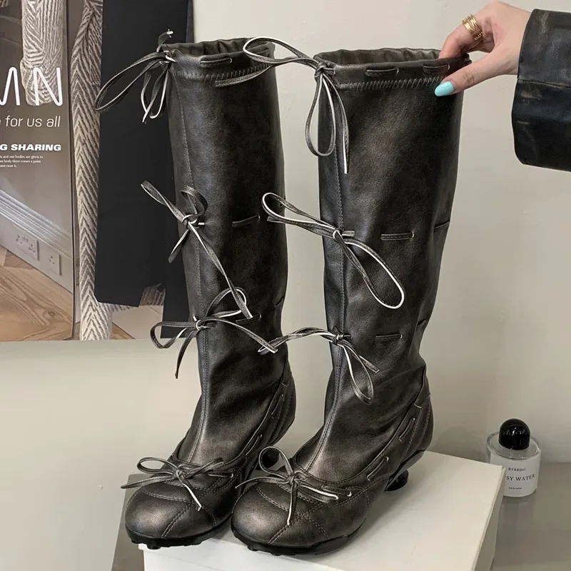 Eilyken Herbst Winter Gemütliche rutschfeste Damen-Kniehohe Stiefel mit niedrigem Absatz, Designer-Schuhe mit schmalem Band und Schmetterlingsknoten