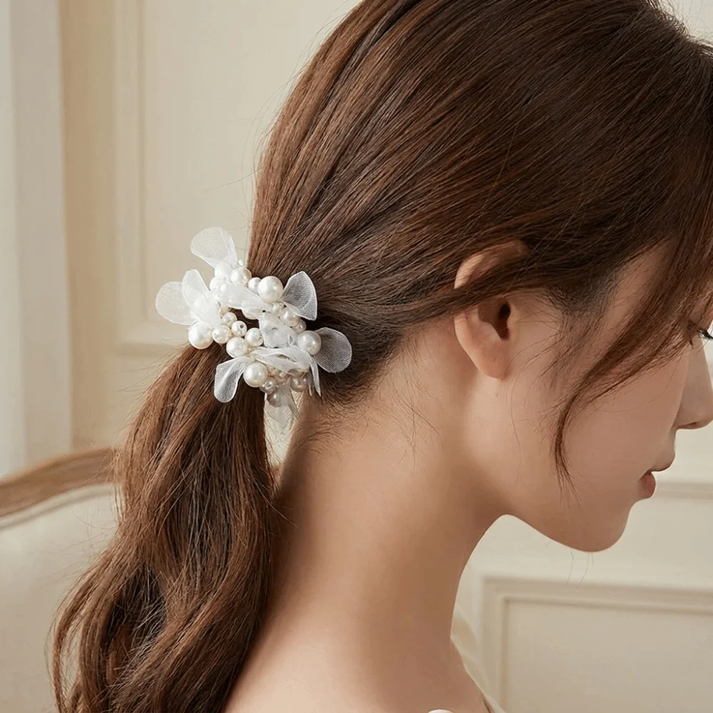 New Sweet Faux Pearl Hair Ties Hand-Woven 2 in 1 Elastic Hair Rope Beaded Bracelet Ponytail Holders Daily
