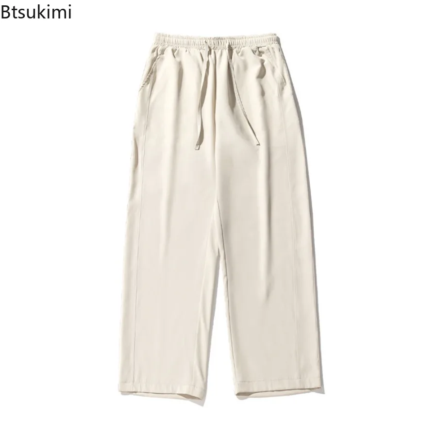 2025 New Summer Ice Silk Casual Pants Men Lightweight and Breathable Fashionmiddle Waist Slacks Straight Loose Drape Trousers