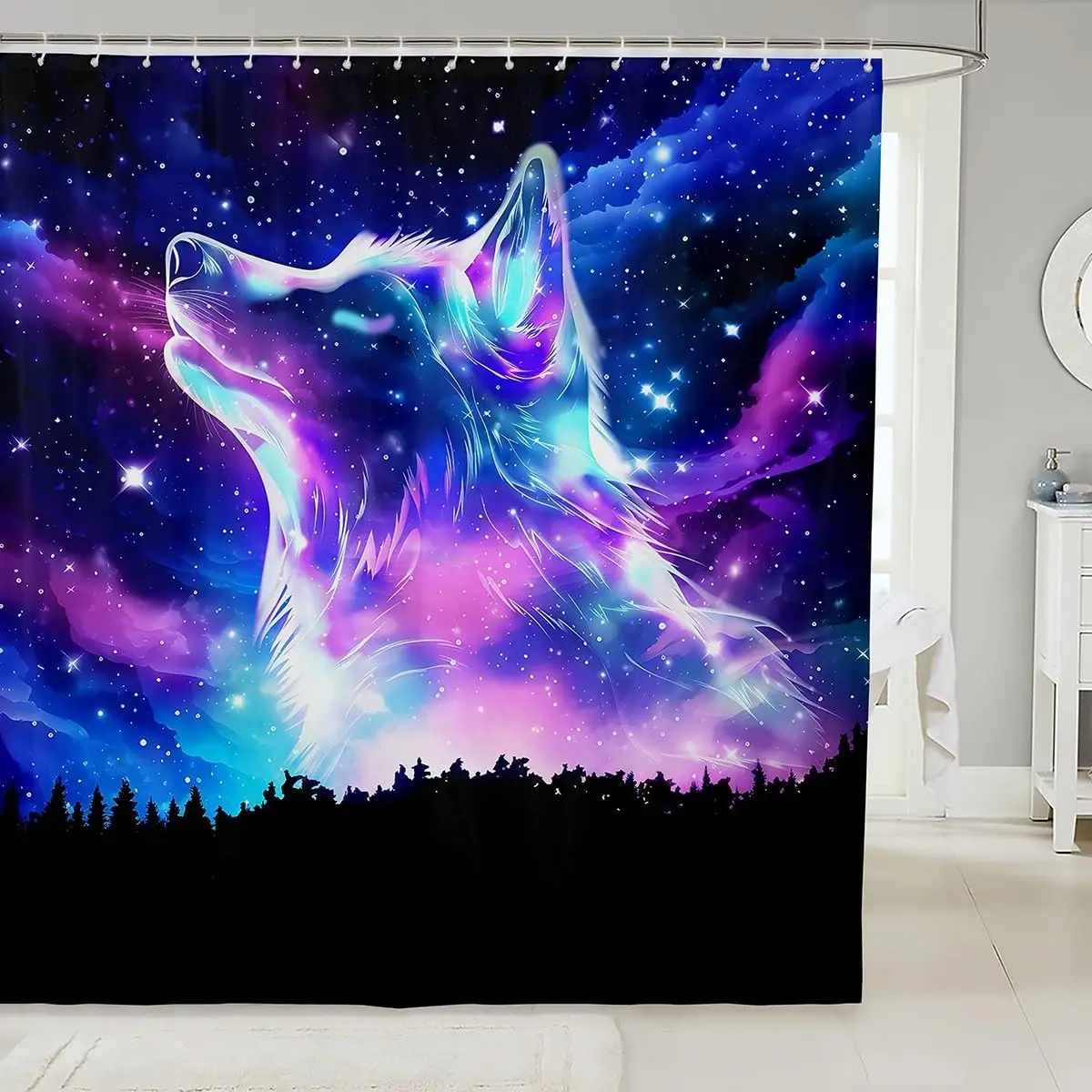 

Galaxy Wolf Howling Shower Curtain Colorful Starry Night Sky Bathroom Decor Mystical Animal Bath Curtain for Home Decoration