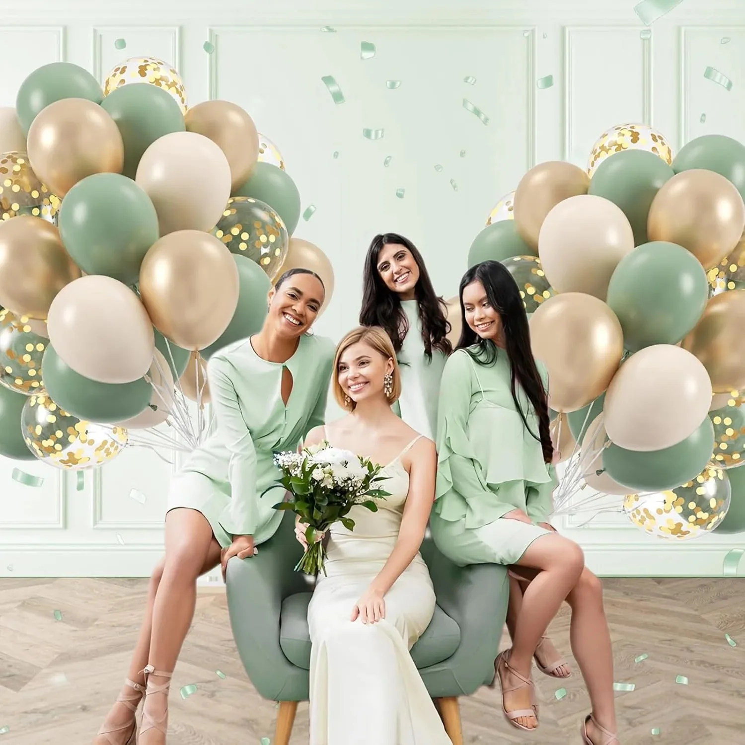 60Pcs Sage green Sand White Metallic Gold Confetti Balloons for Boho Birthday Wedding Bridal Baby Shower Engagement Party Decor view 4