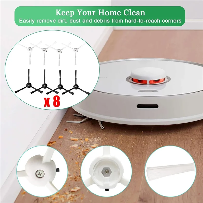 A59E-8Pcs ملحقات الفرشاة الجانبية لقطع غيار المكنسة الكهربائية Roborock Q Revo /P10، فرشاة جانبية باللونين الأبيض والأسود