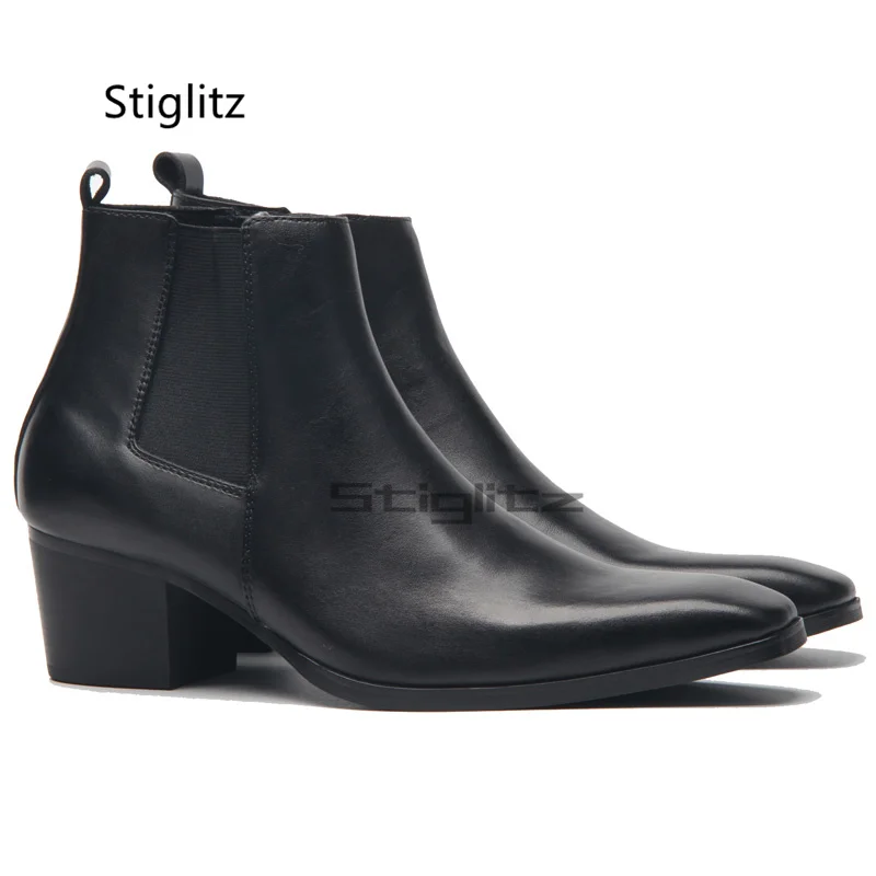 High Heeled Chelsea Boots for Men Small Square Toe Black Cowhide Ankle Boots British Business Dress Boots Male Leather Shoes