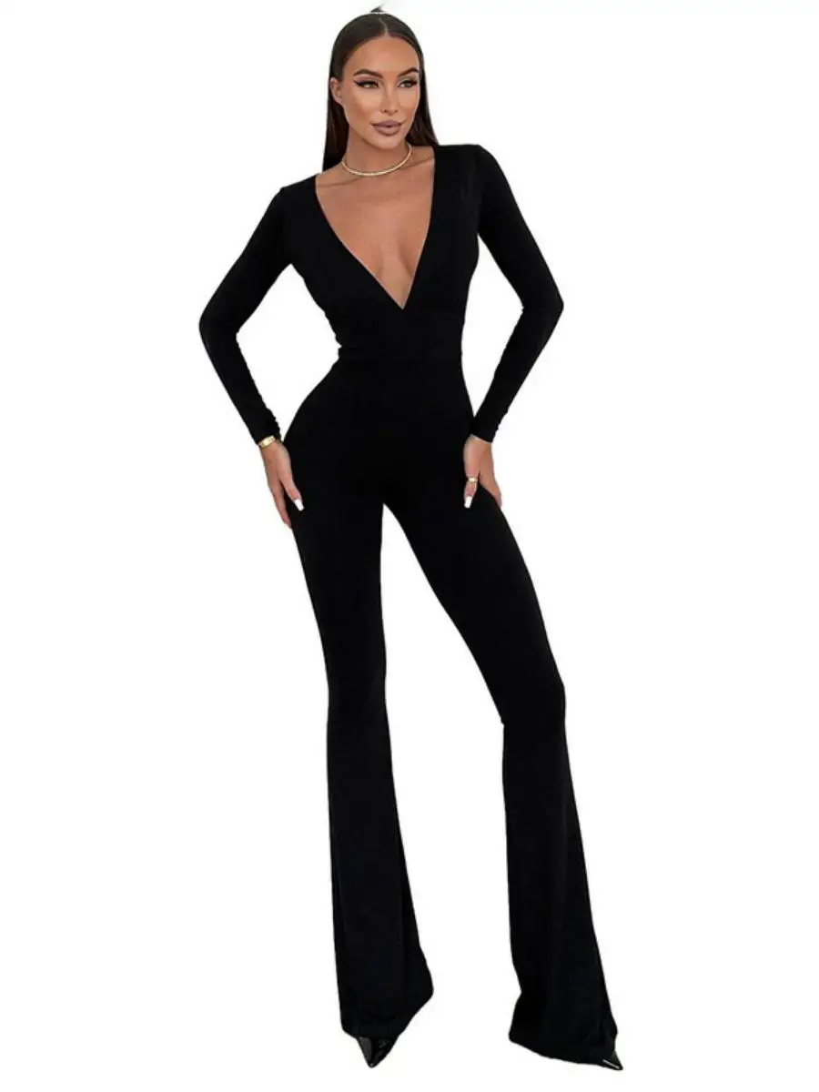 Kombinezon damski Ele Pure Color z długim rękawem, głębokim dekoltem w serek, szerokimi nogawkami, jesienne modne spodnie z niskim stanem, jednoczęściowy strój.